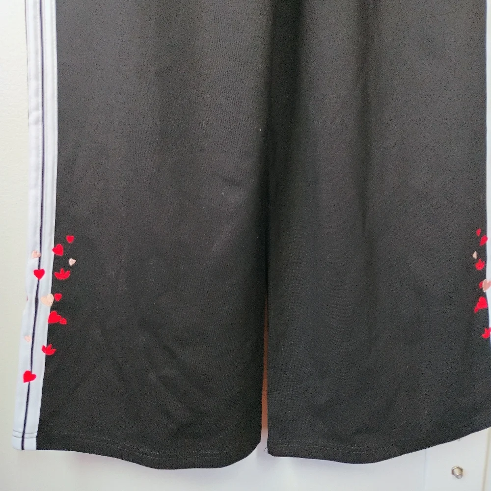 adidas Black Track Pants with White Side Stripes and Red/Gold Heart Embroidery - Picture 5 of 13